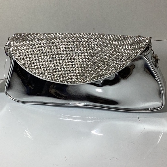 ORCHID CRYSTAL FLAP MIRROR METALLIC PATENT CLUTCH BAG - Picture 7 of 10